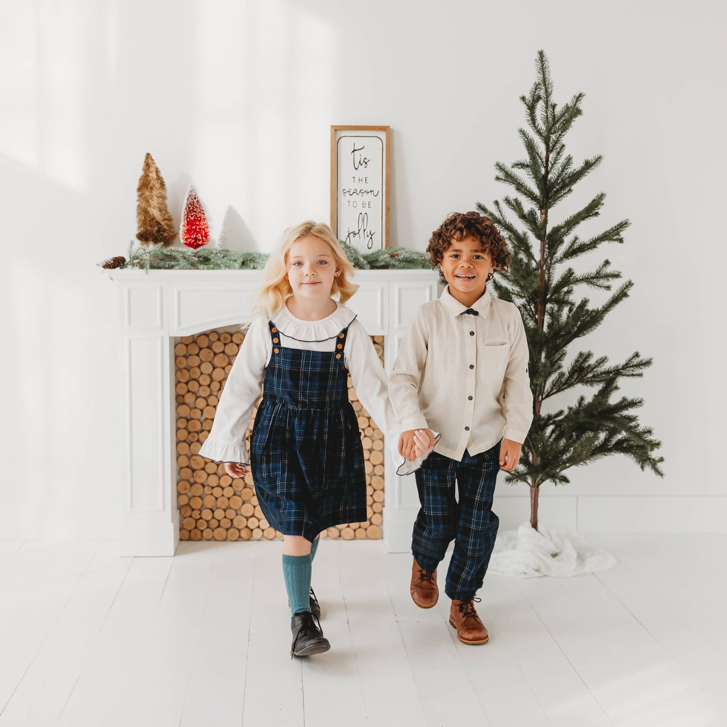 Blue Plaid Cord Set, with Linen Shirt and Bow Tie