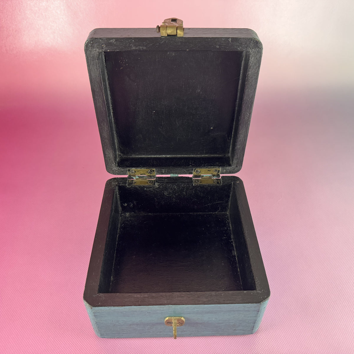 Teal Wooden Box with Clasp and Burlap Trim