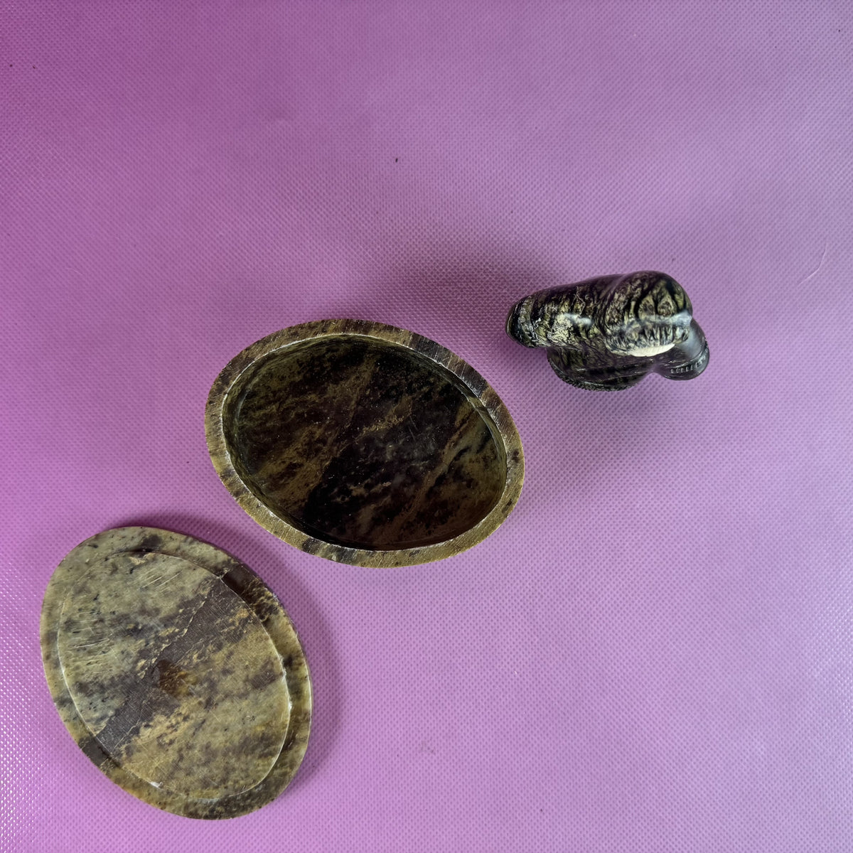 Carved Soapstone Inuit Figurine and Marble Lidded Oval Box