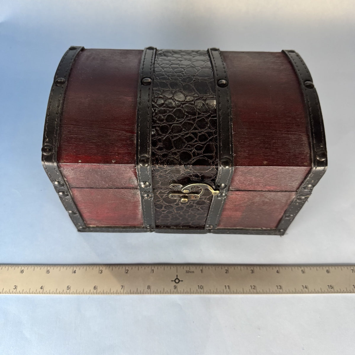 Leather-trimmed, Wooden Lidded Box with Brass Clasp