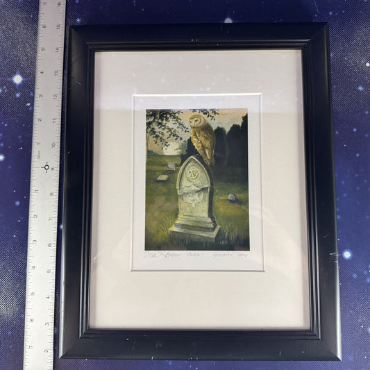 "Dusk" Matted Owl on a Headstone Lithograph with Black Frame