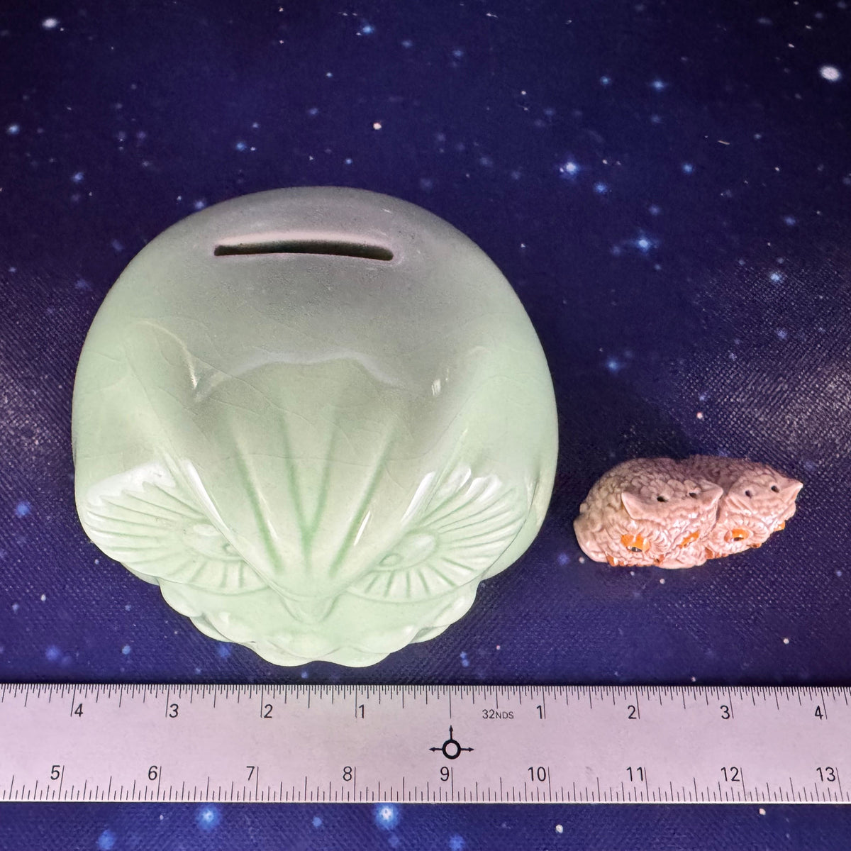 Green Ceramic Owl Coin Bank with Pepper Shaker Sidekick