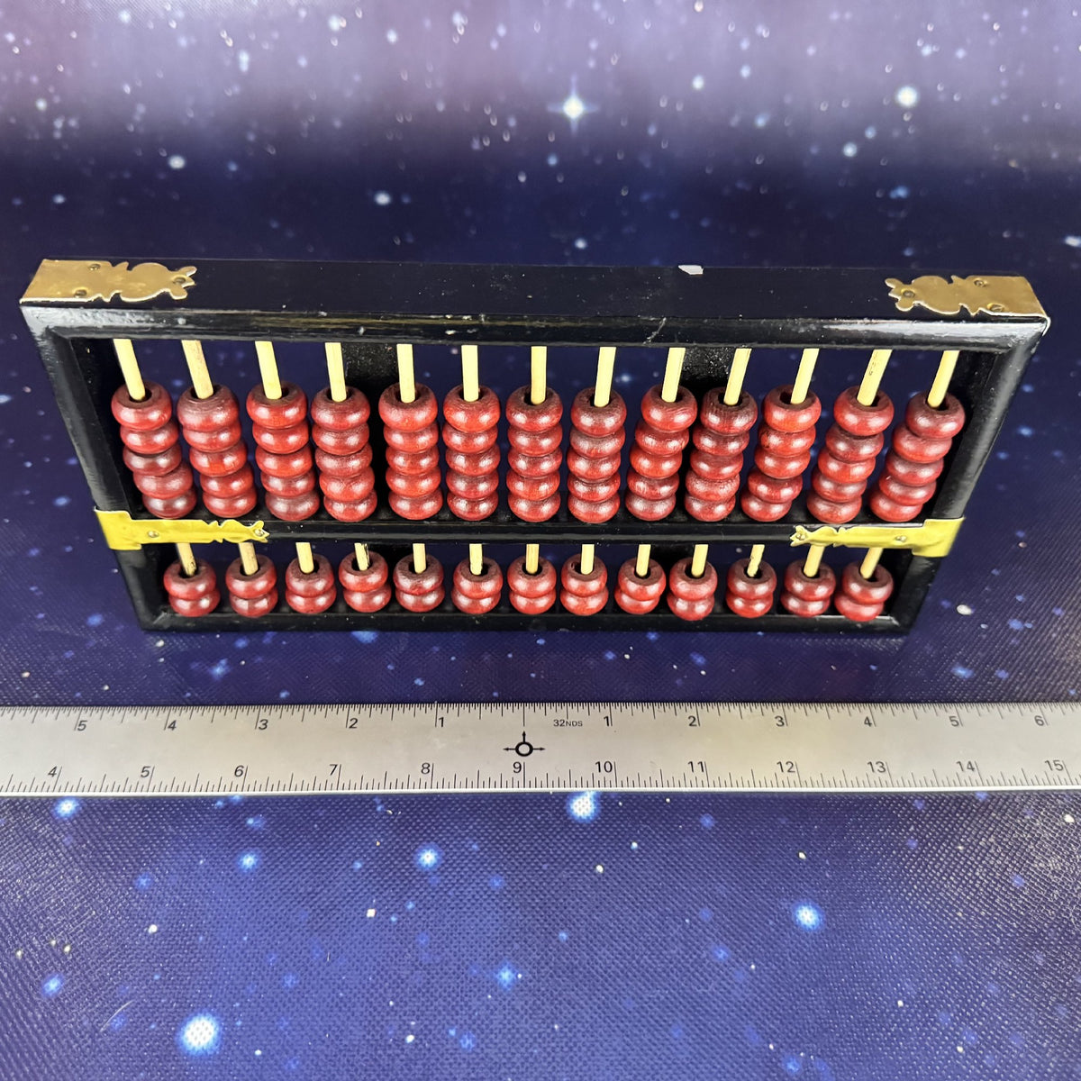 Wooden Abacus with Red Beads and Brass Trim