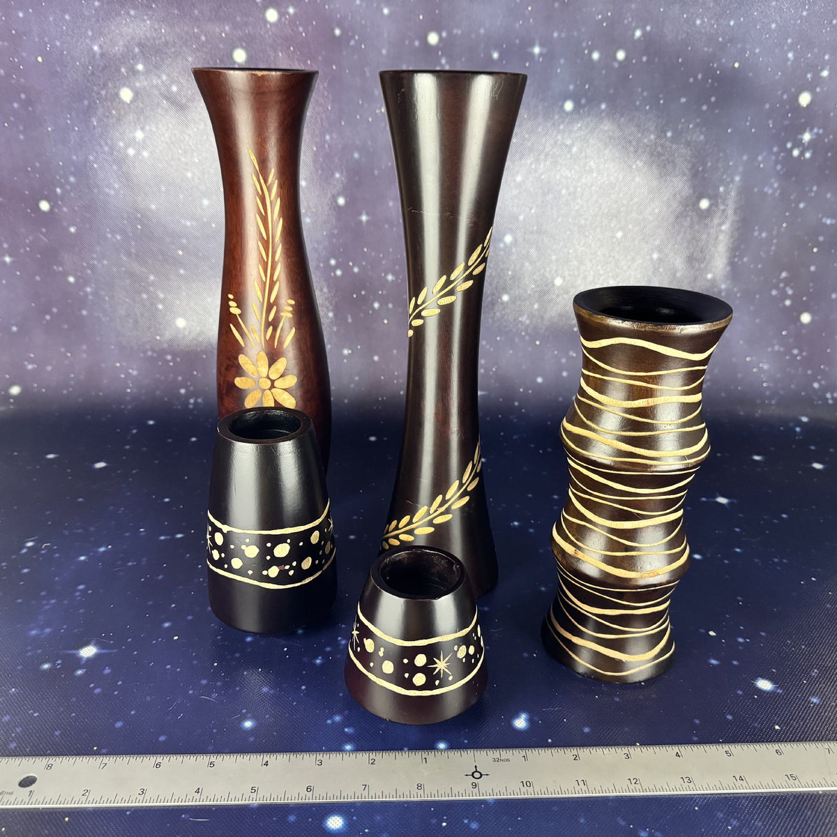 Five Carved Thai Mango Wood Vases and Votive Holders