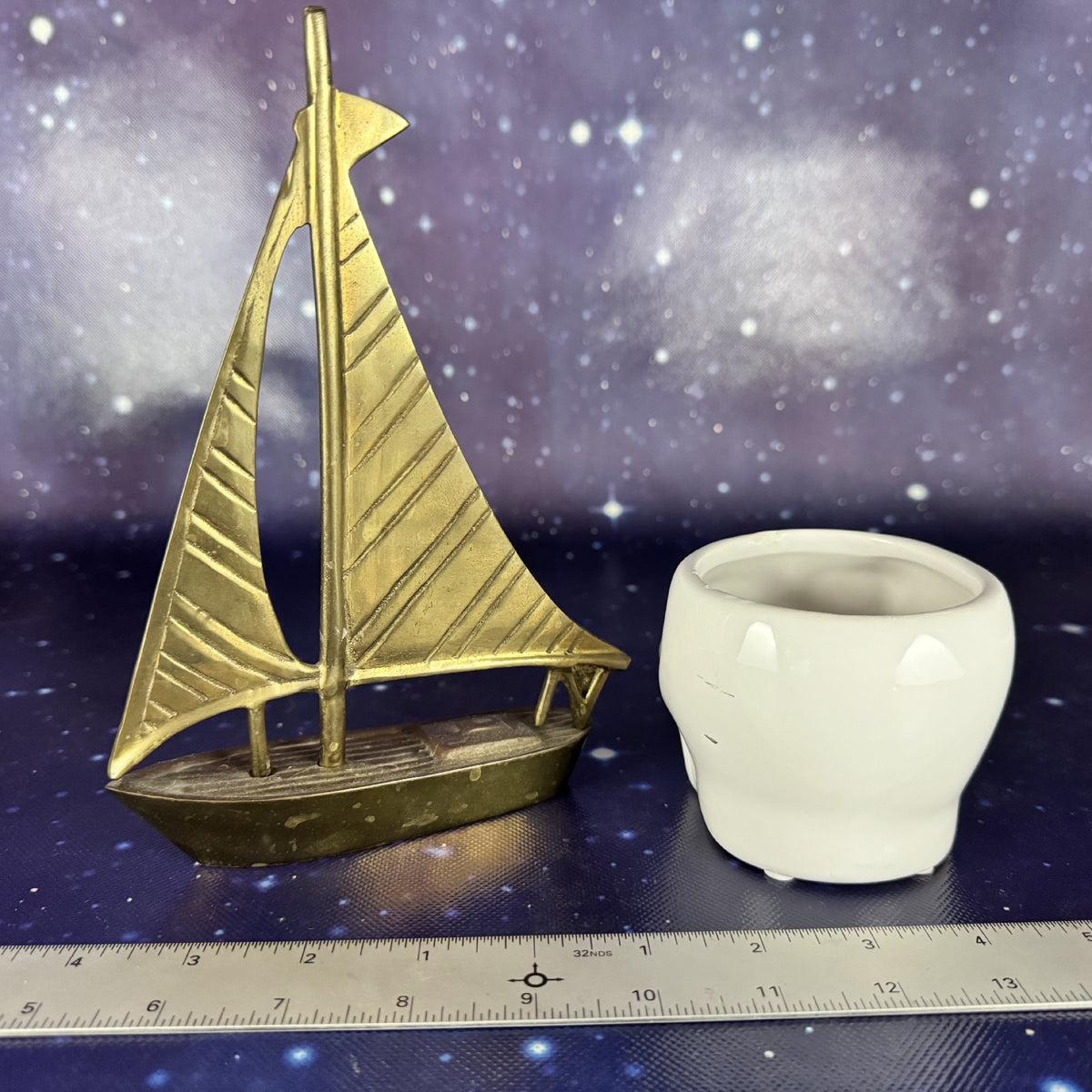 Brass Sailboat with Ceramic Skull Planter