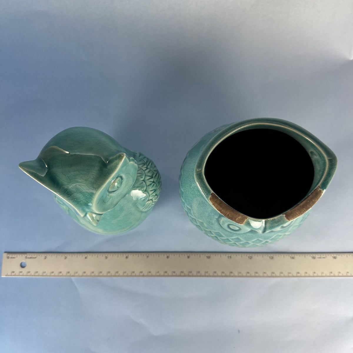 Pair of Turquoise Owl Ceramic Vase and Figurine