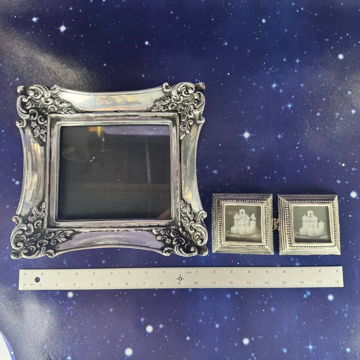 Trio of Pewter, Silver-Tone Metal Frames Victorian Style