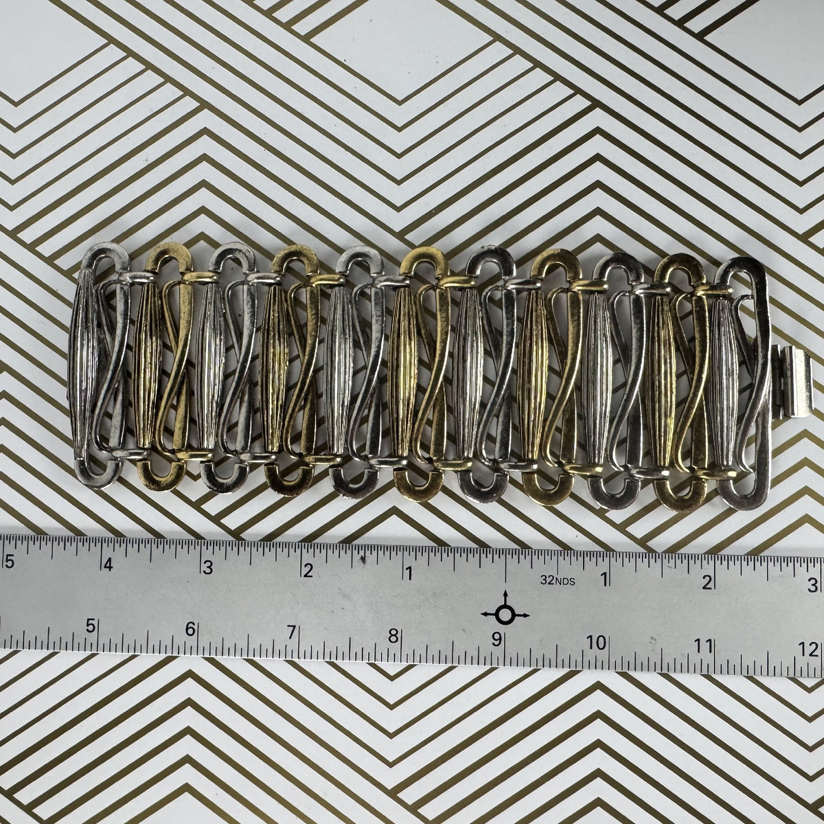 Two-tone Metal Hinged Cuff Bracelet Stylized Link Design
