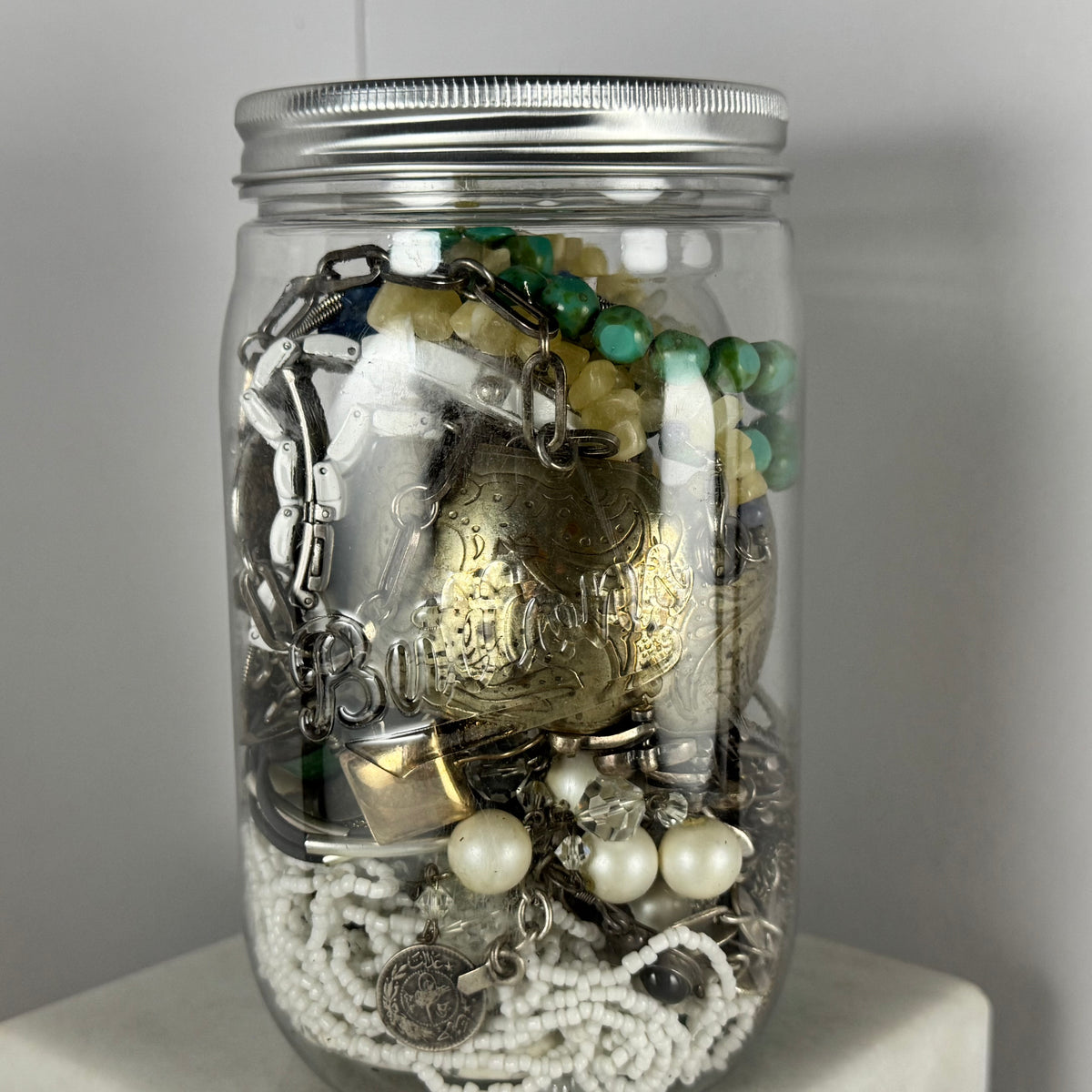 Jar of Costume Jewelry with Watches and Semi-Precious Stones