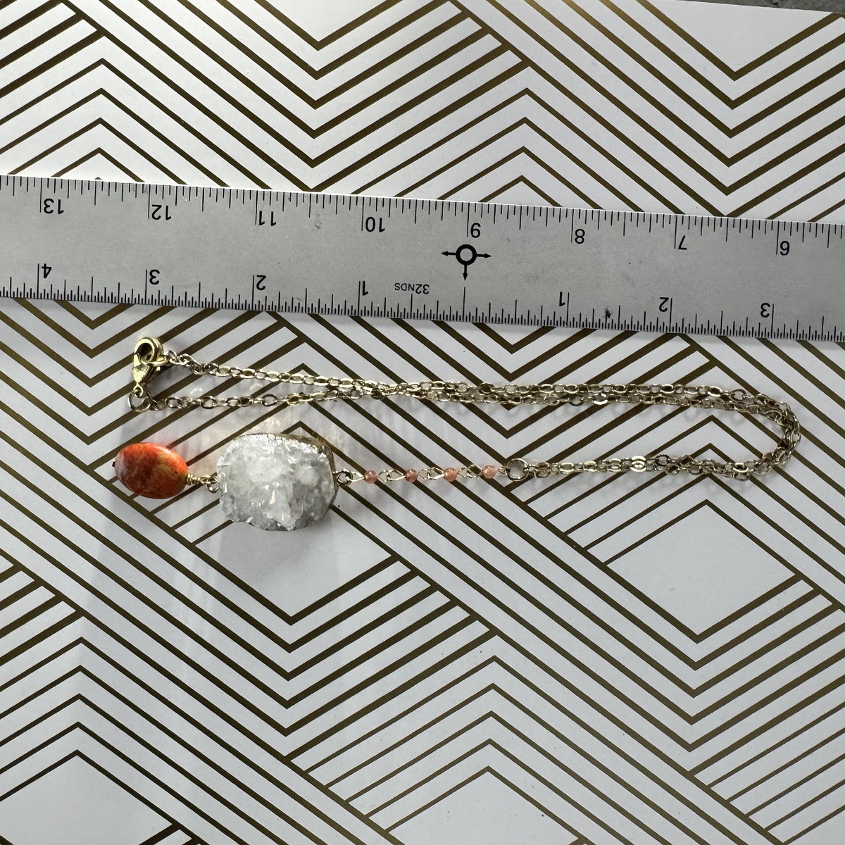 Gold-filled Lariat Necklace with White Druzy Quartz and Orange Stone Drop.