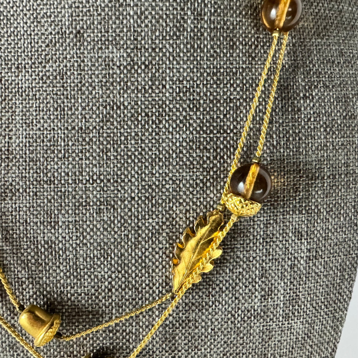 Gold-filled Station Autumn Necklace with Faux Amber Beads Acorn and Leaves