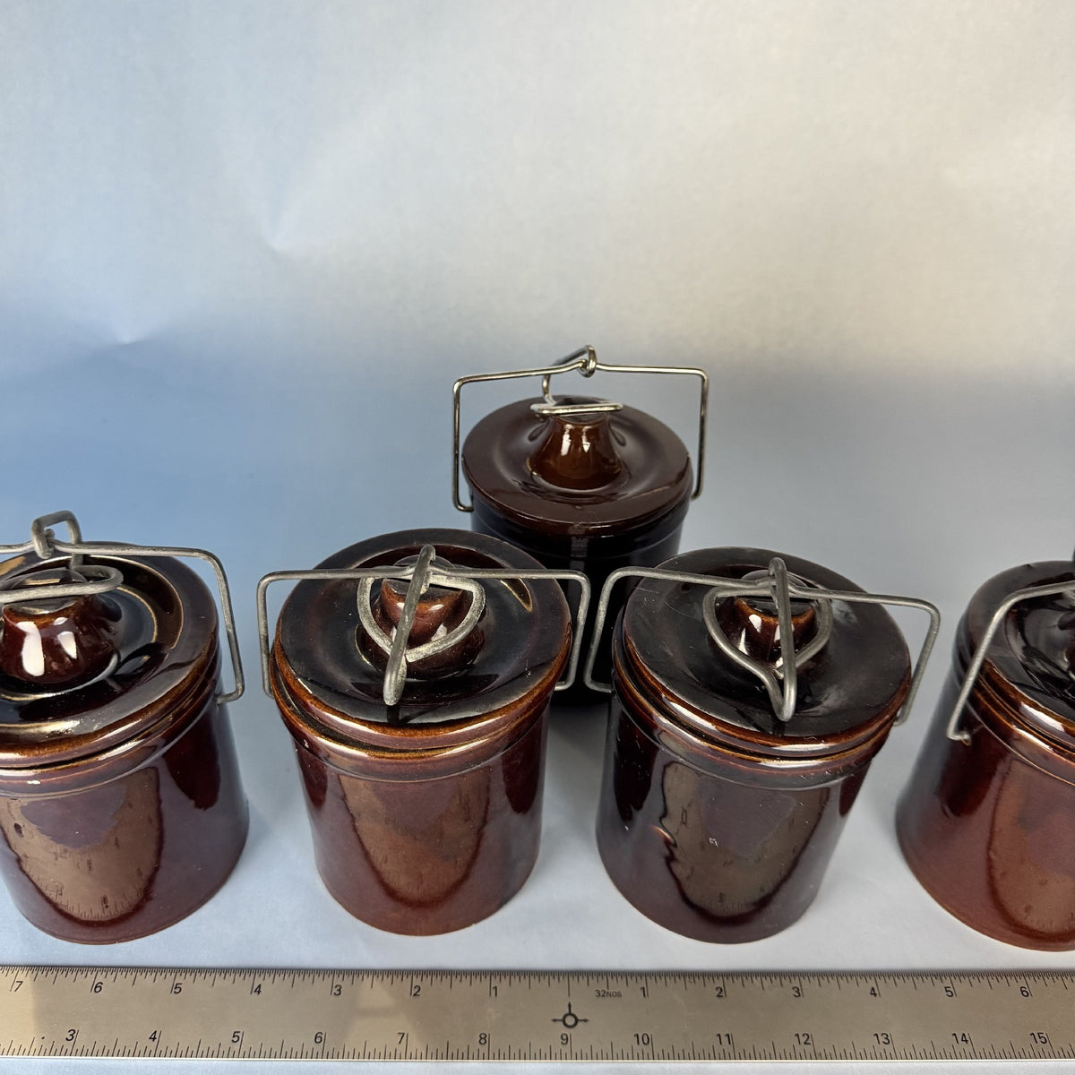 Set of Vintage Lidded Ceramic Crocks. Set of 5