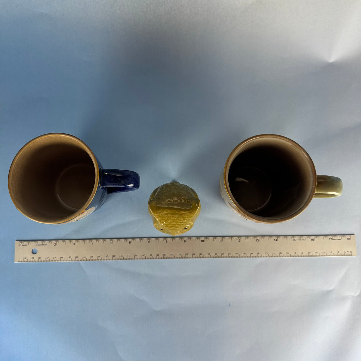 Pair of Ceramic Owl Coffee Mugs with Owl Figurine