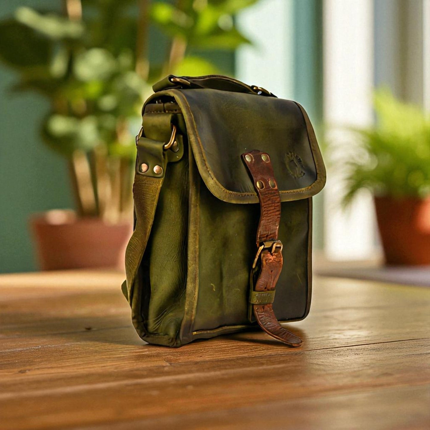 Olive Leather Satchel Crossbody Bag