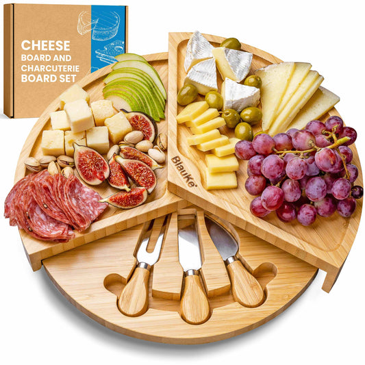 Bamboo Cheese Board and Knife Set - 14 Inch Swiveling Charcuterie Board With Slide-Out Drawer