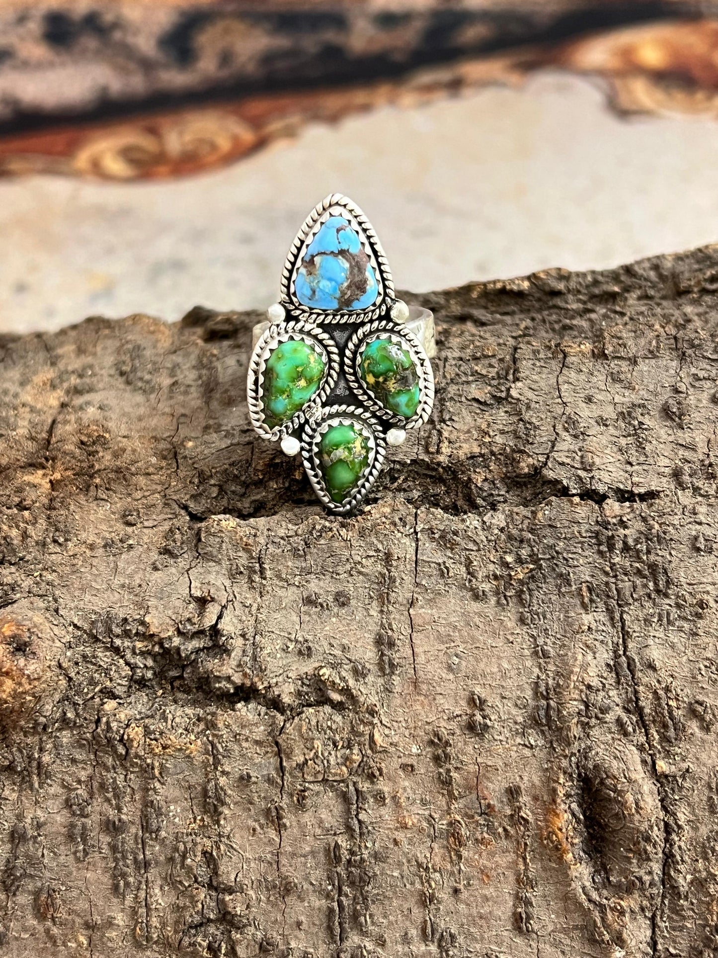 Handmade Sterling Silver Sonoran Mountain Turquoise, Golden Hills Turquoise Adjustable Ring, Signed Nizhoni (7)
