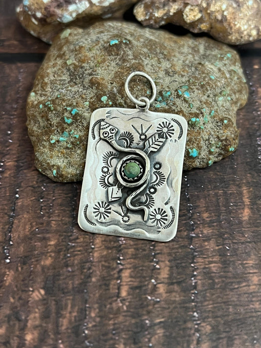 Handmade Sterling Silver Kingman Turquoise Pendant with Signed Nizhoni