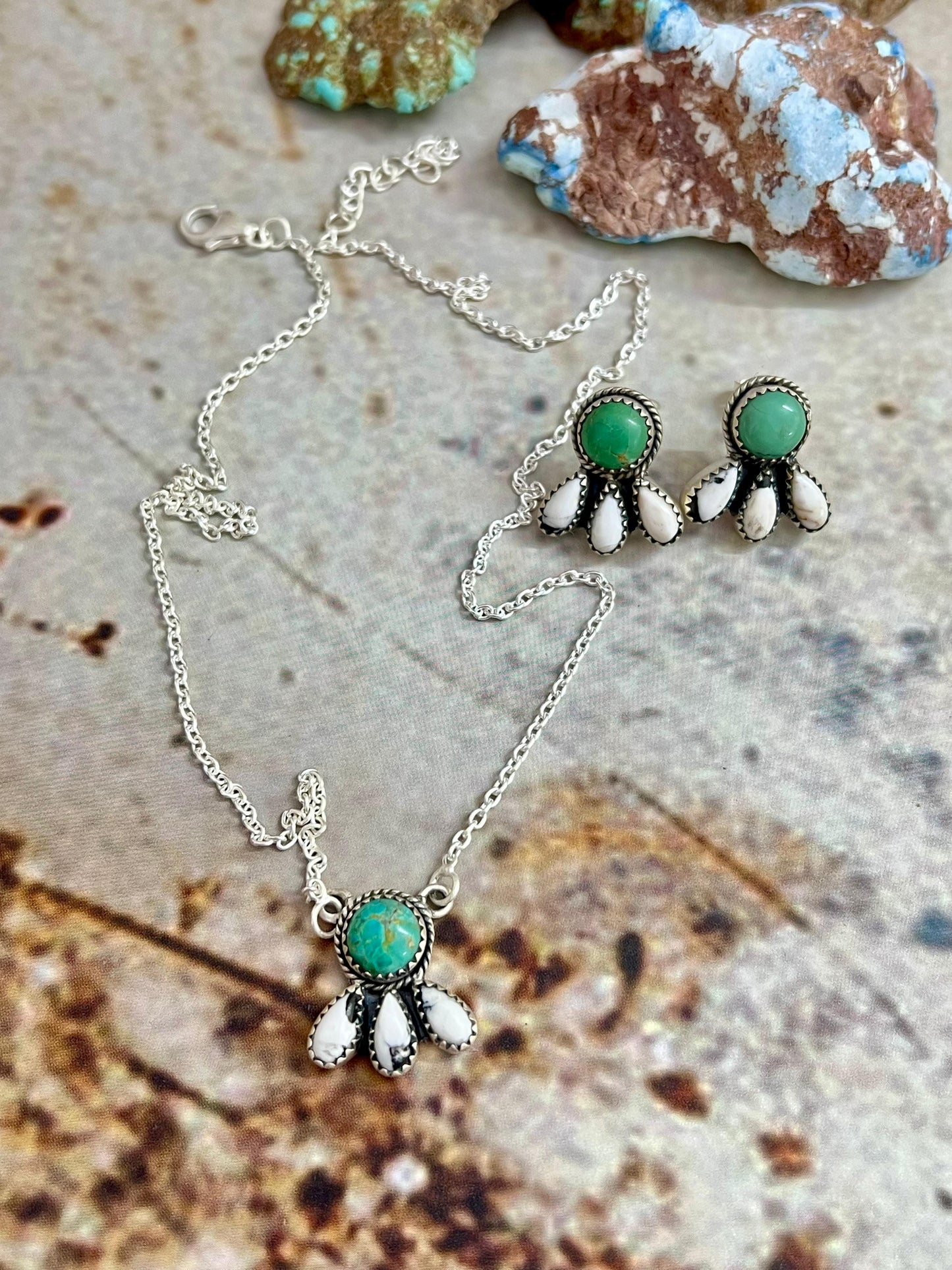Handmade Sterling Silver White Buffalo with Kingman Turquoise Necklace Earrings Set, Signed Nizhoni