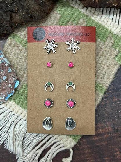 Handmade Sterling Silver Kingman Turquoise and Hot Pink Post Earring Set "Signed Nizhoni"