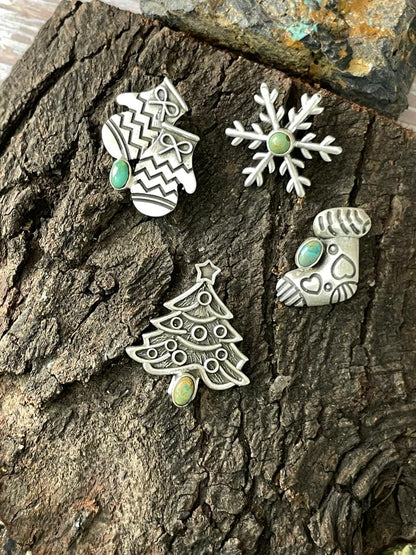 "Christmas Collection" Handmade Sterling Silver Kingman Turquoise Hat Pin" Signed Nizhoni"
