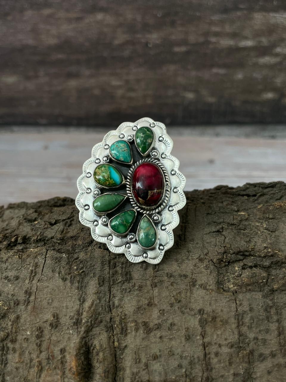 Handmade Sterling Silver Dahlia Rose With Emerald Valley Turquoise Ring "Signed Nizhoni"