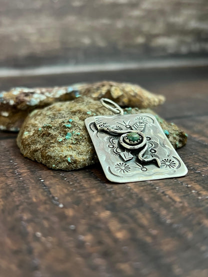 Handmade Sterling Silver Kingman Turquoise Pendant with Signed Nizhoni