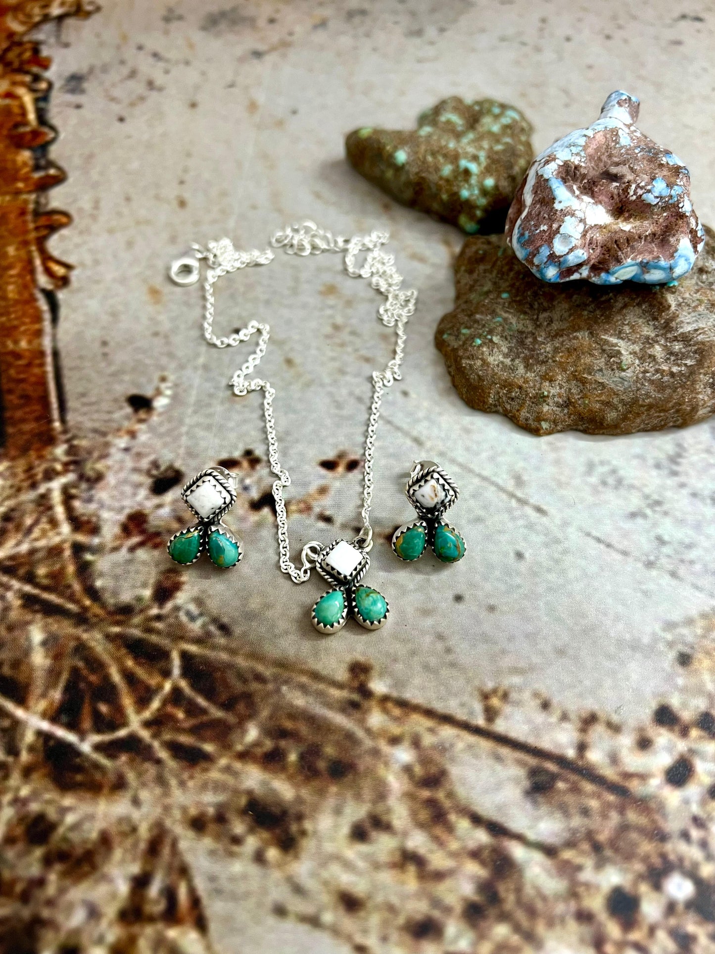 Handmade Sterling Silver White Buffalo with Kingman Necklace Earrings Set, Signed Nizhoni