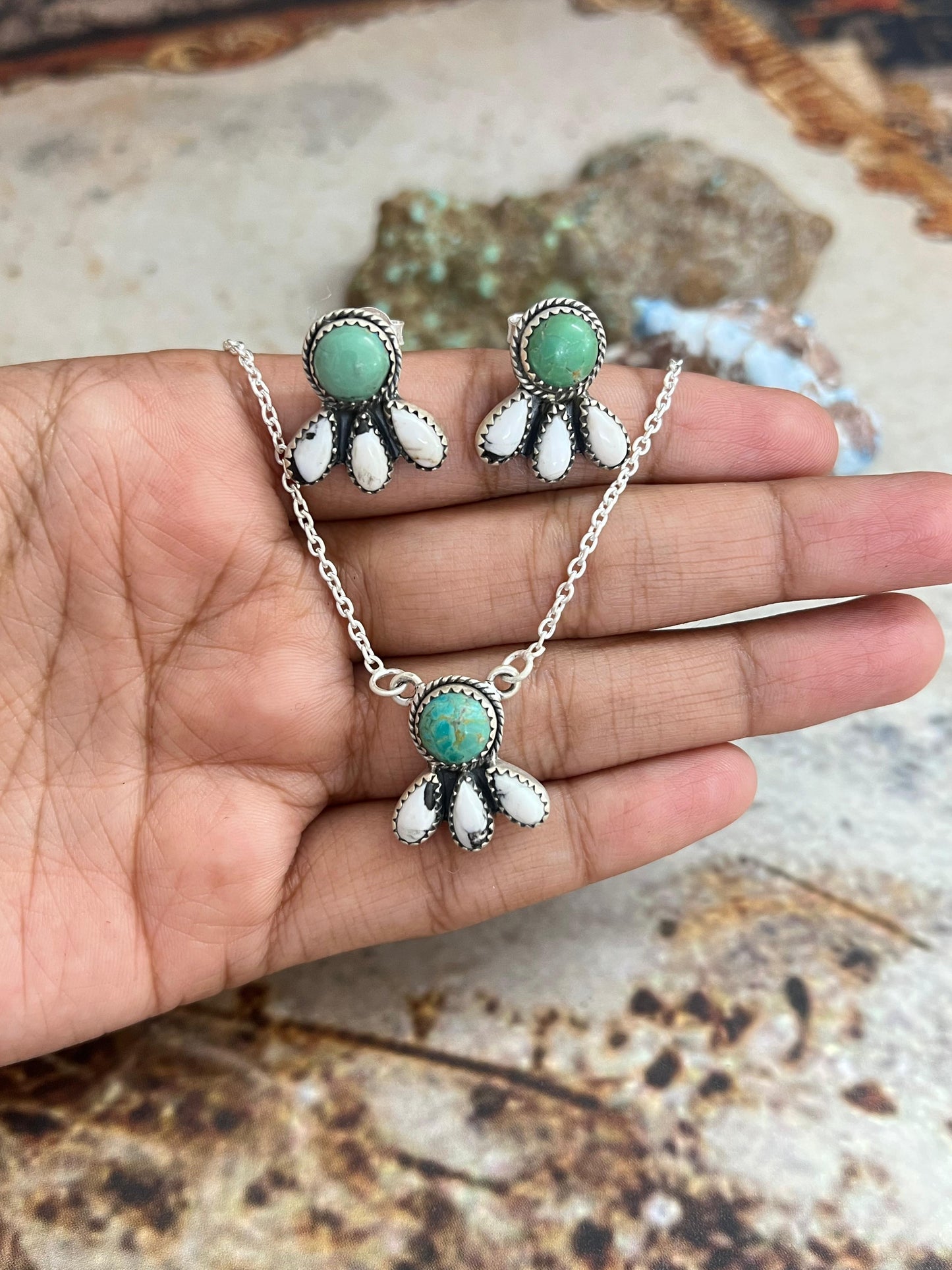 Handmade Sterling Silver White Buffalo with Kingman Turquoise Necklace Earrings Set, Signed Nizhoni