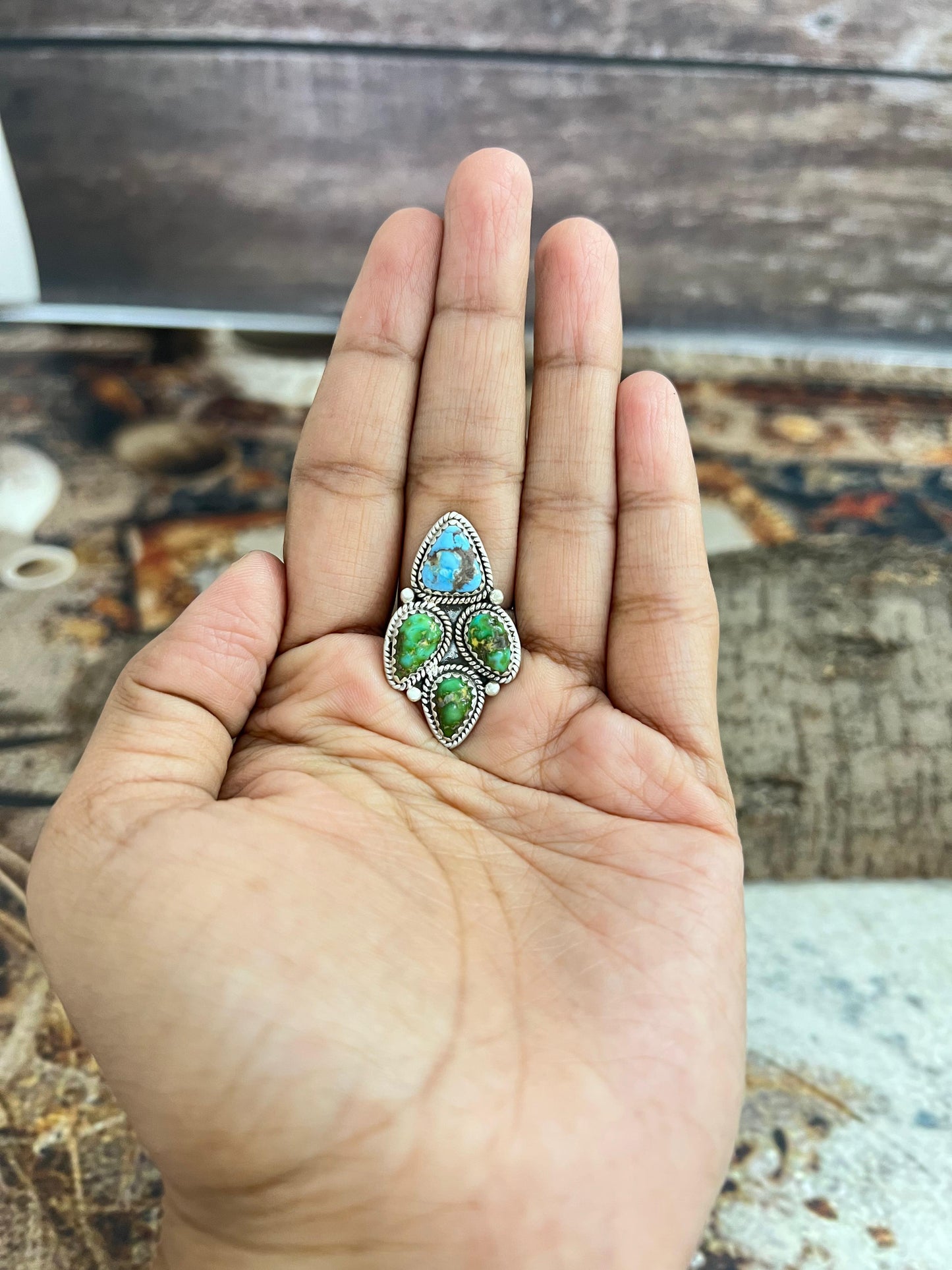Handmade Sterling Silver Sonoran Mountain Turquoise, Golden Hills Turquoise Adjustable Ring, Signed Nizhoni (7)