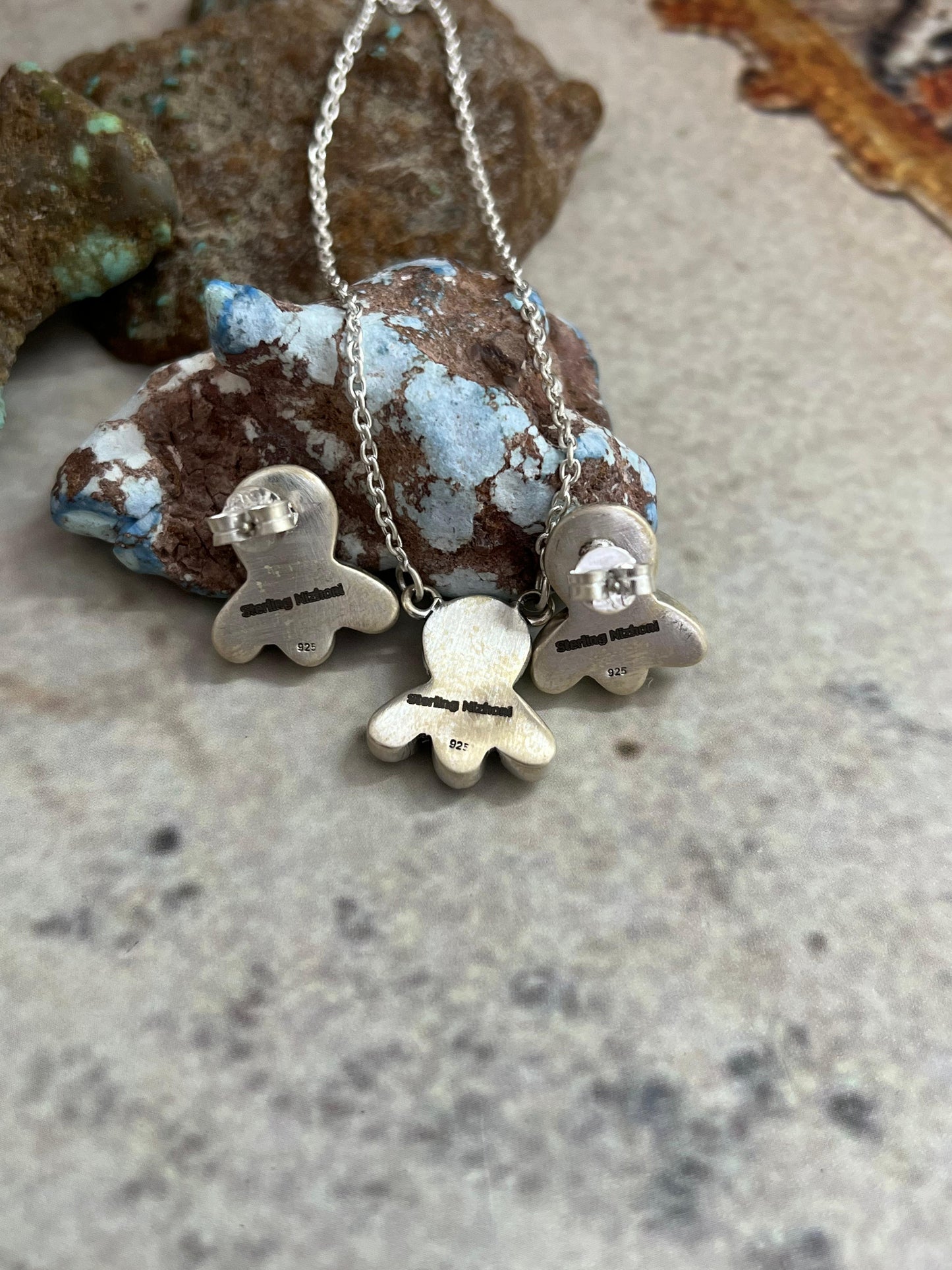 Handmade Sterling Silver White Buffalo with Kingman Turquoise Necklace Earrings Set, Signed Nizhoni