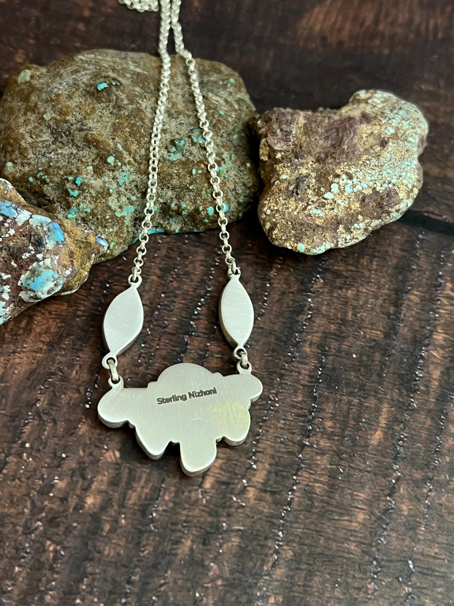 Handmade Sterling Silver Sonoran Mountain Turquoise Necklace with Signed Nizhoni