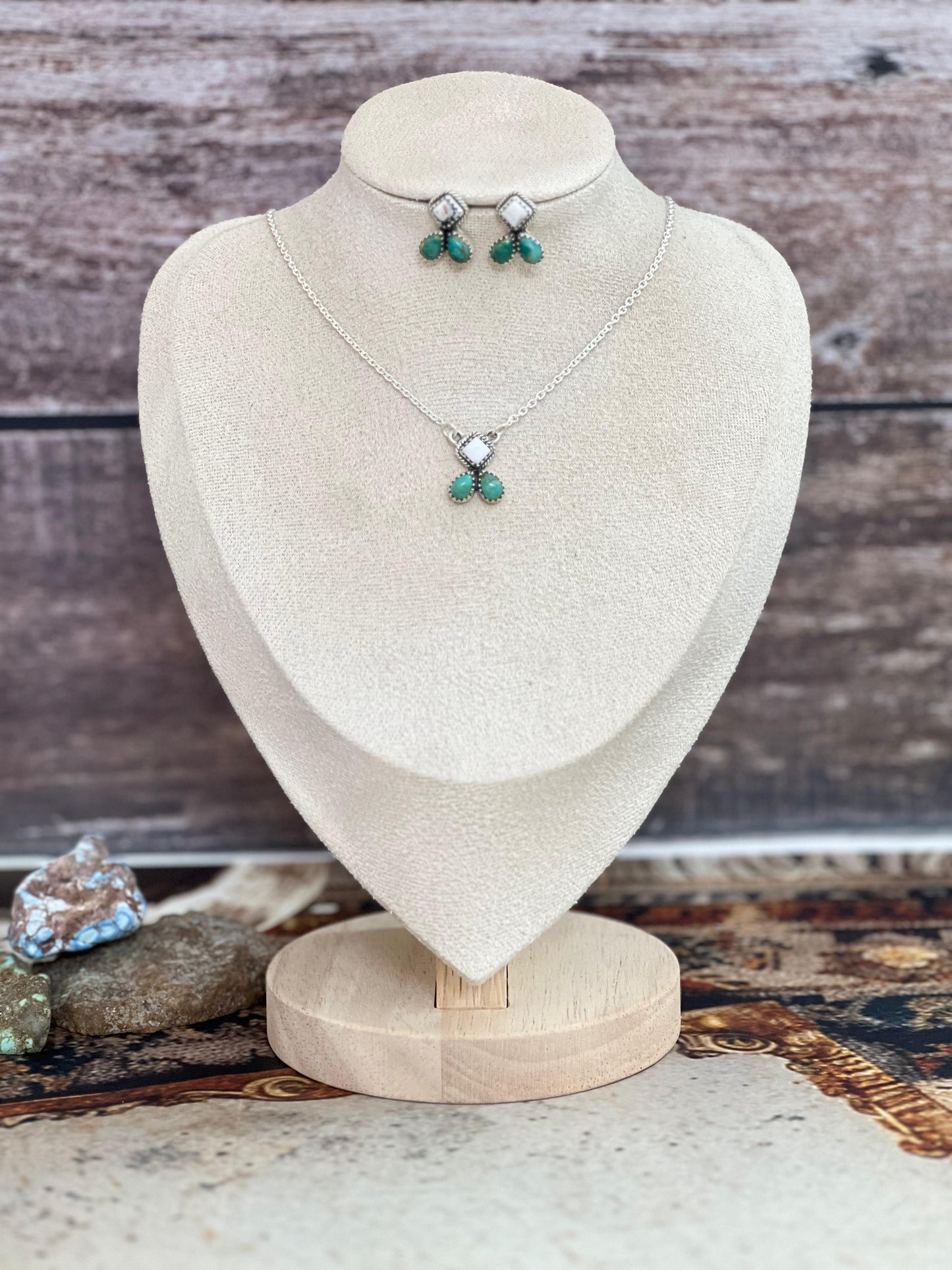 Handmade Sterling Silver White Buffalo with Kingman Necklace Earrings Set, Signed Nizhoni