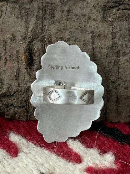 Handmade Sterling Silver Dahlia Rose With Emerald Valley Turquoise Ring "Signed Nizhoni"