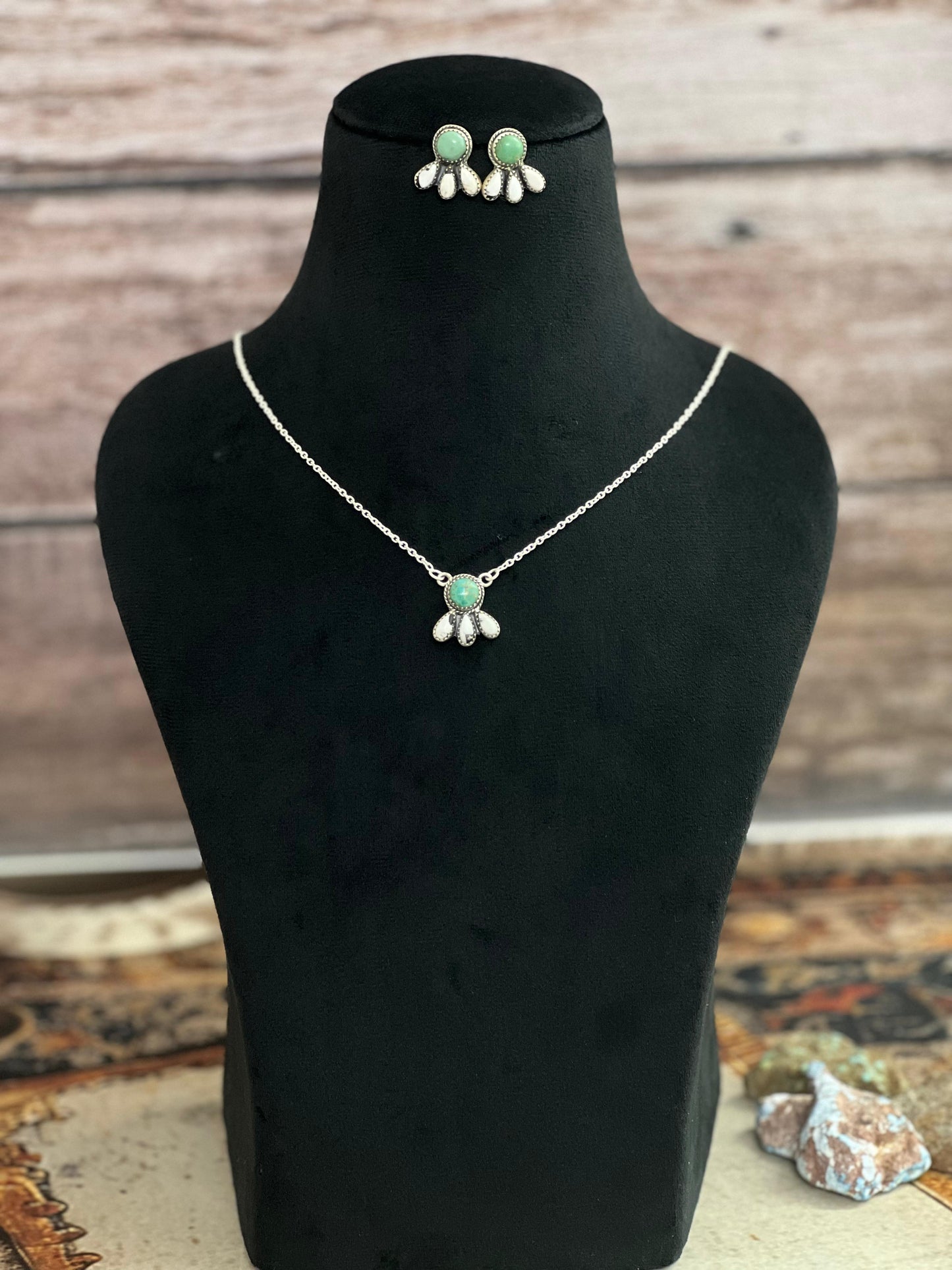 Handmade Sterling Silver White Buffalo with Kingman Turquoise Necklace Earrings Set, Signed Nizhoni