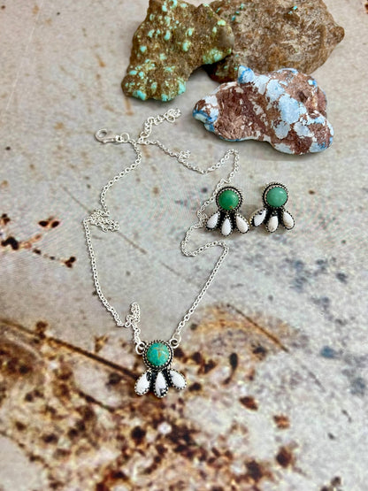 Handmade Sterling Silver White Buffalo with Kingman Turquoise Necklace Earrings Set, Signed Nizhoni