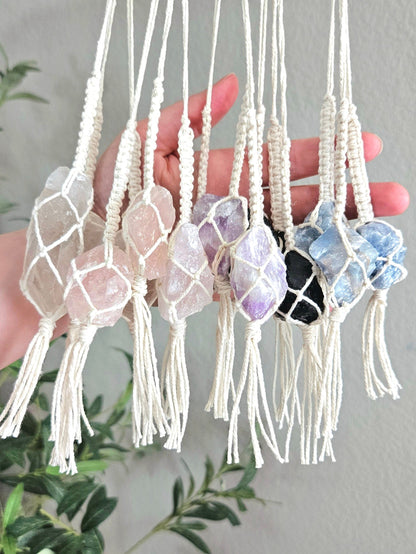 Macrame wrapped crystal rear view mirror charm.