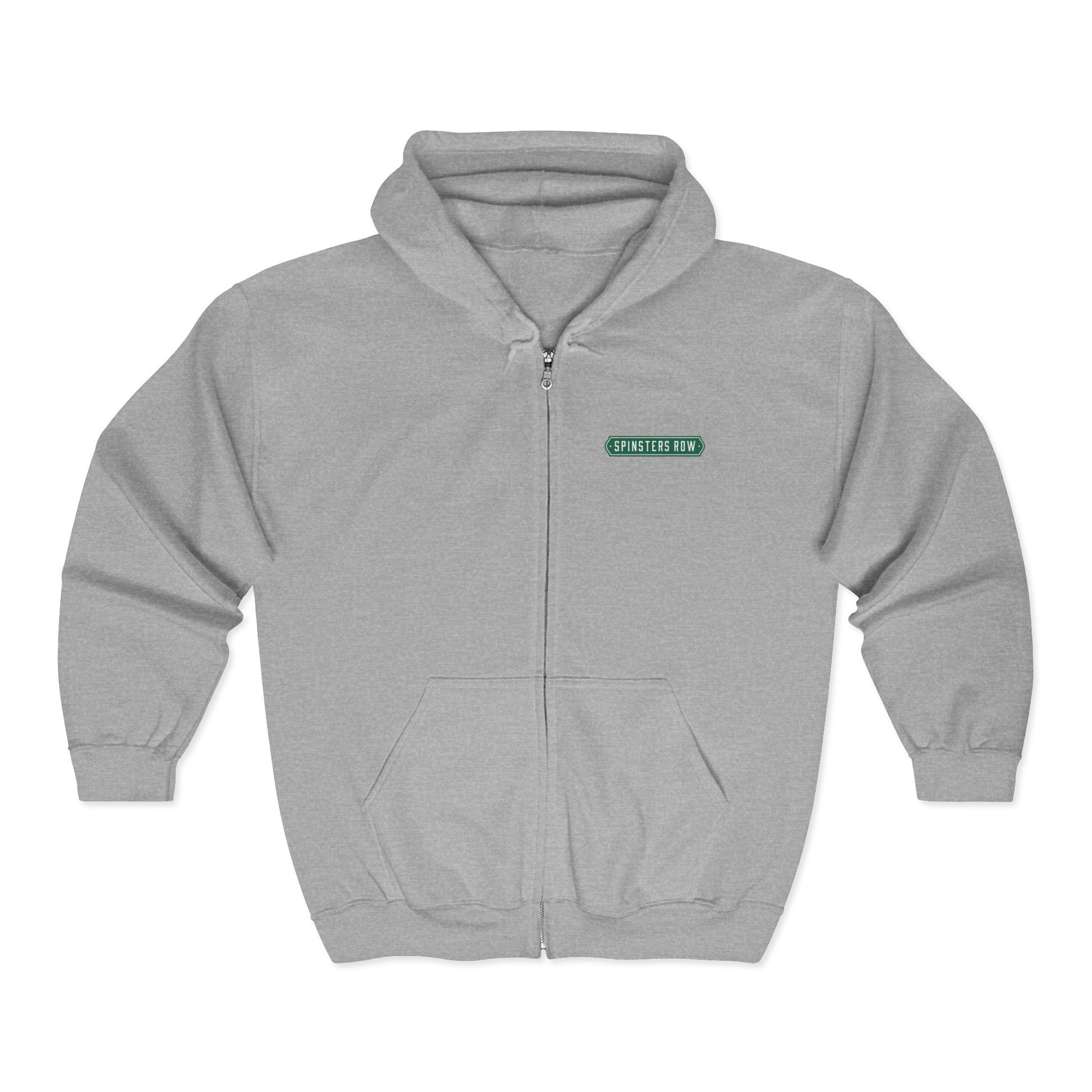 Gray hoodie with a green logo on a white background