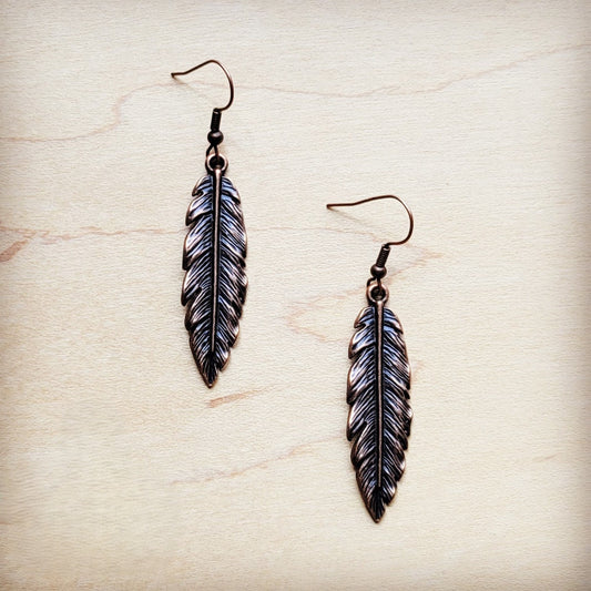 Antiqued Copper Feather Earrings