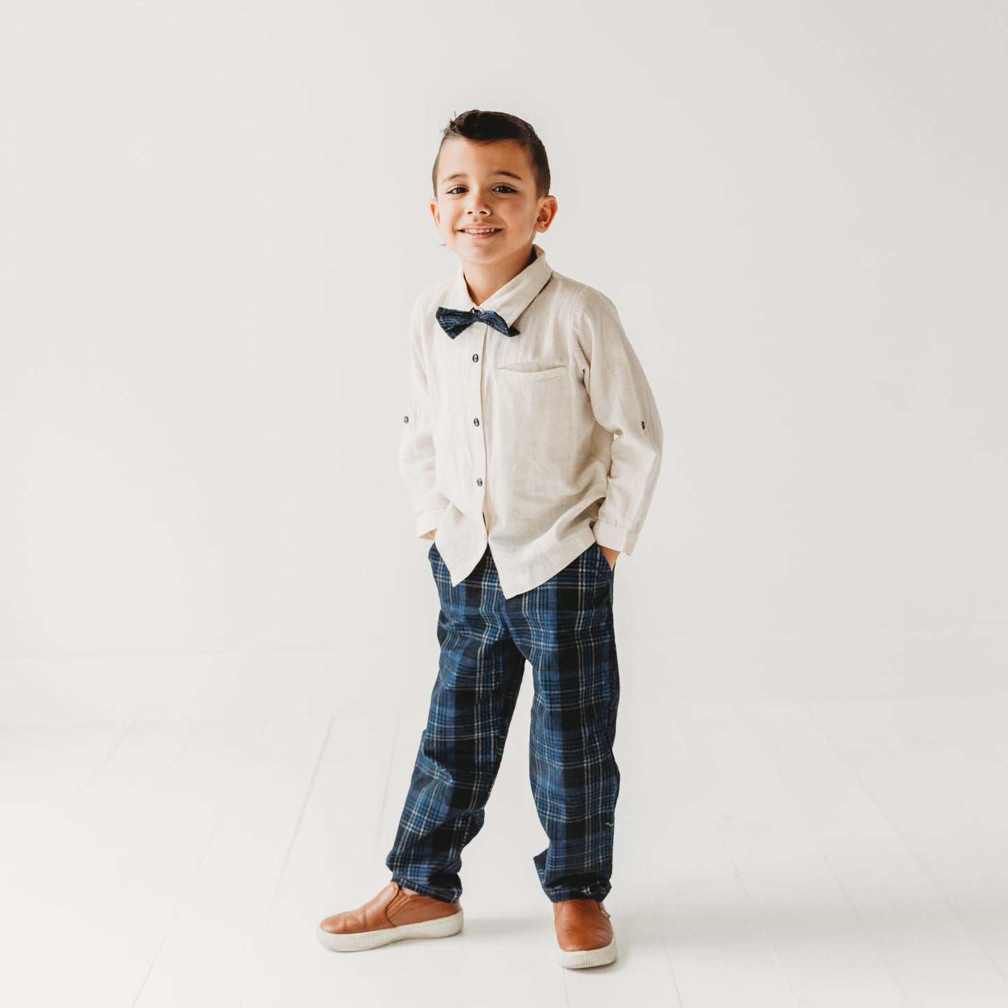 Blue Plaid Cord Set, with Linen Shirt and Bow Tie