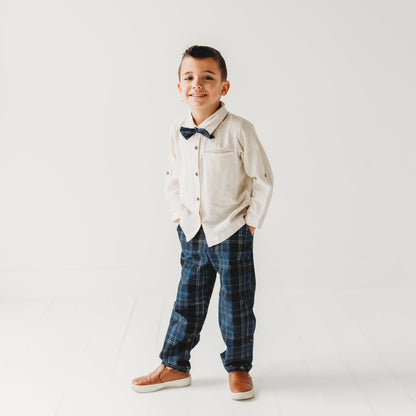Blue Plaid Cord Set, with Linen Shirt and Bow Tie