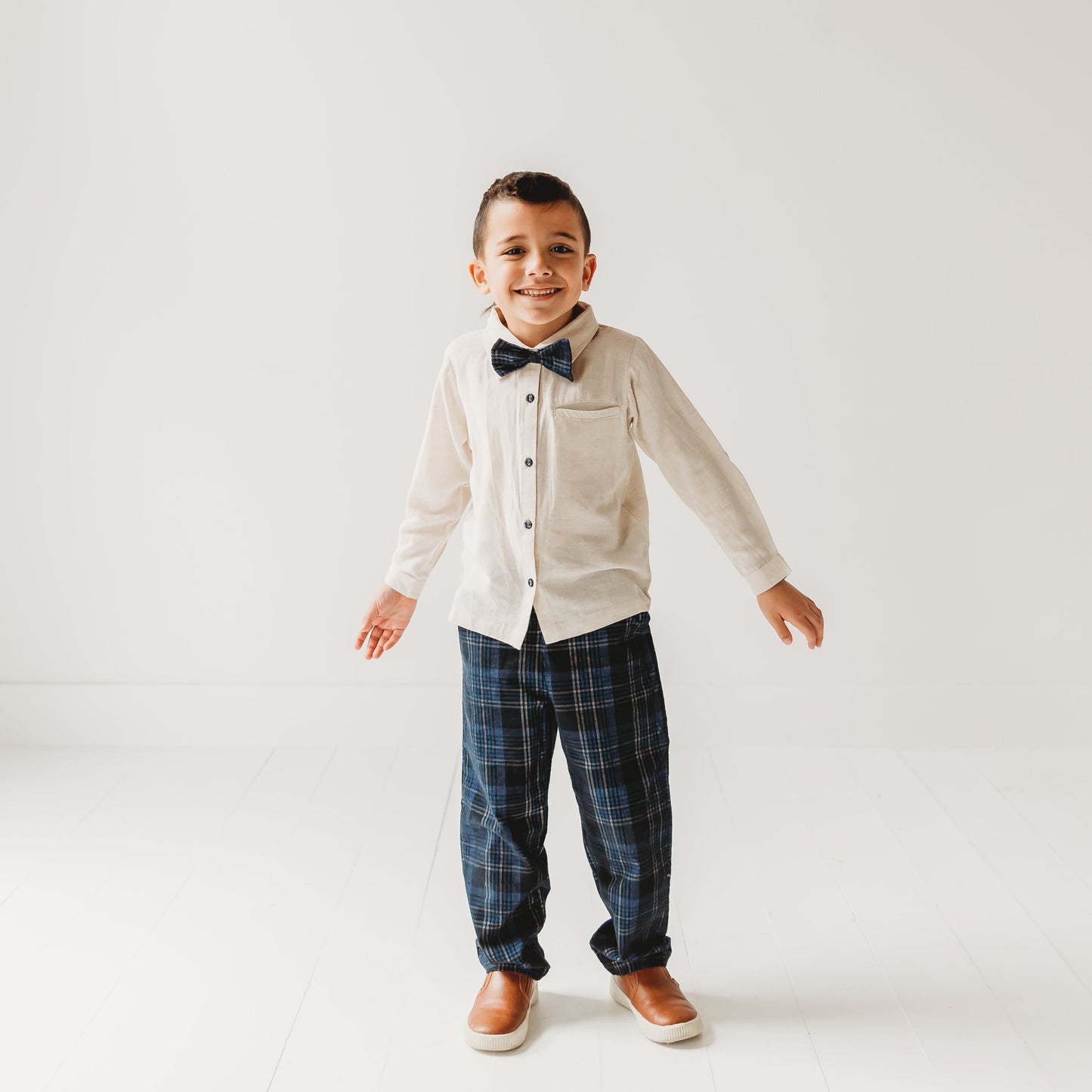 Blue Plaid Cord Set, with Linen Shirt and Bow Tie