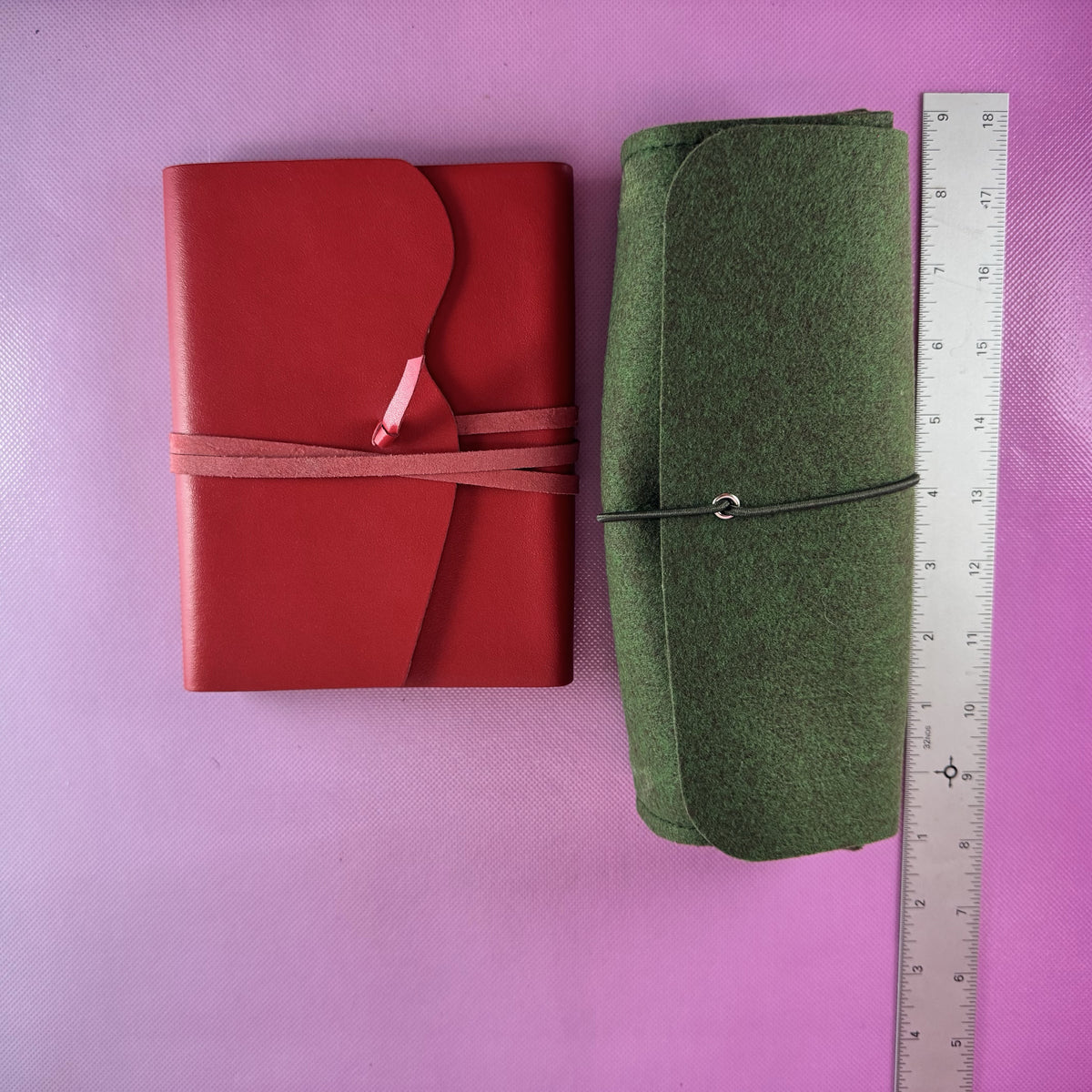 Red Leather Journal with Green Wool Felt Pencil Bag