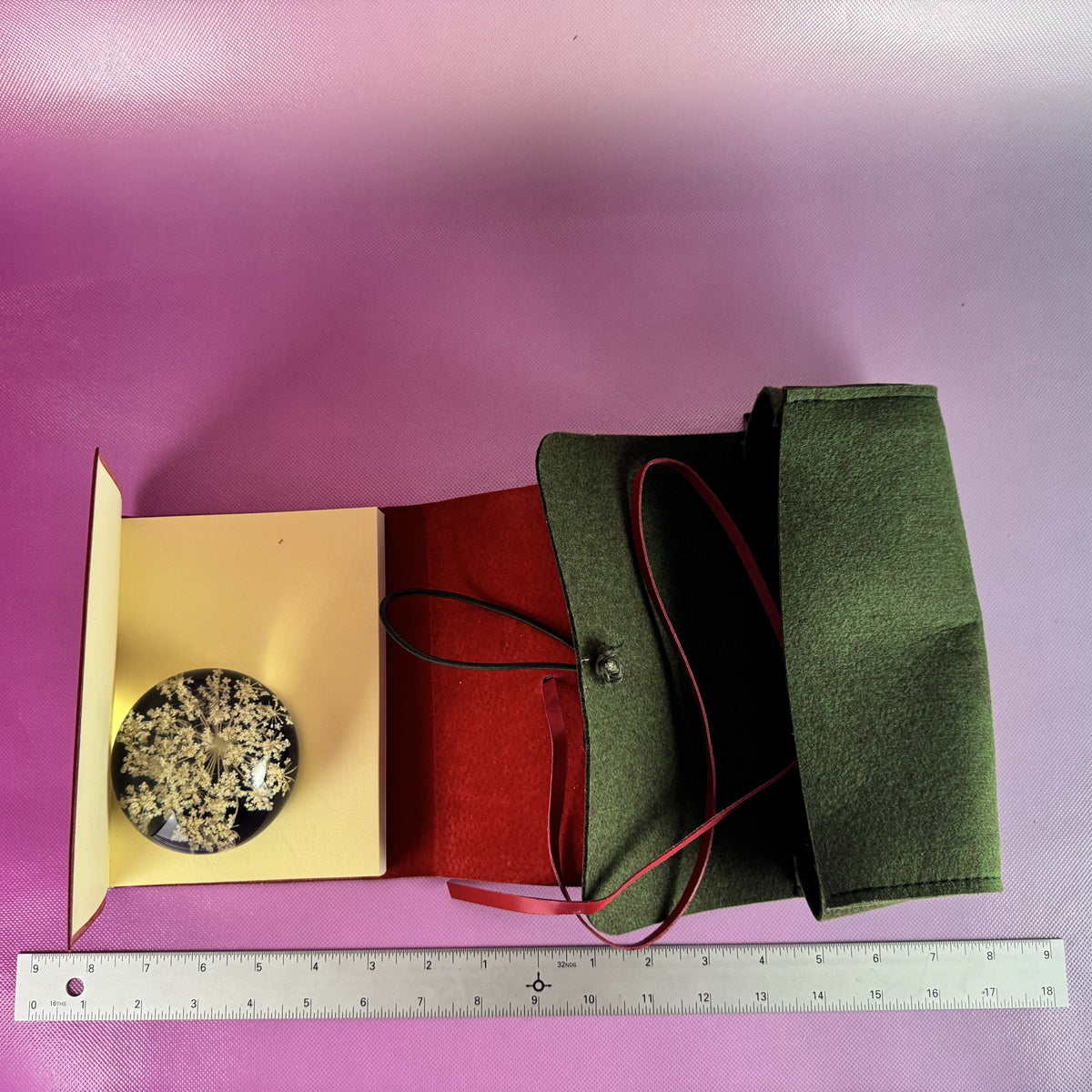 Red Leather Journal with Green Wool Felt Pencil Bag