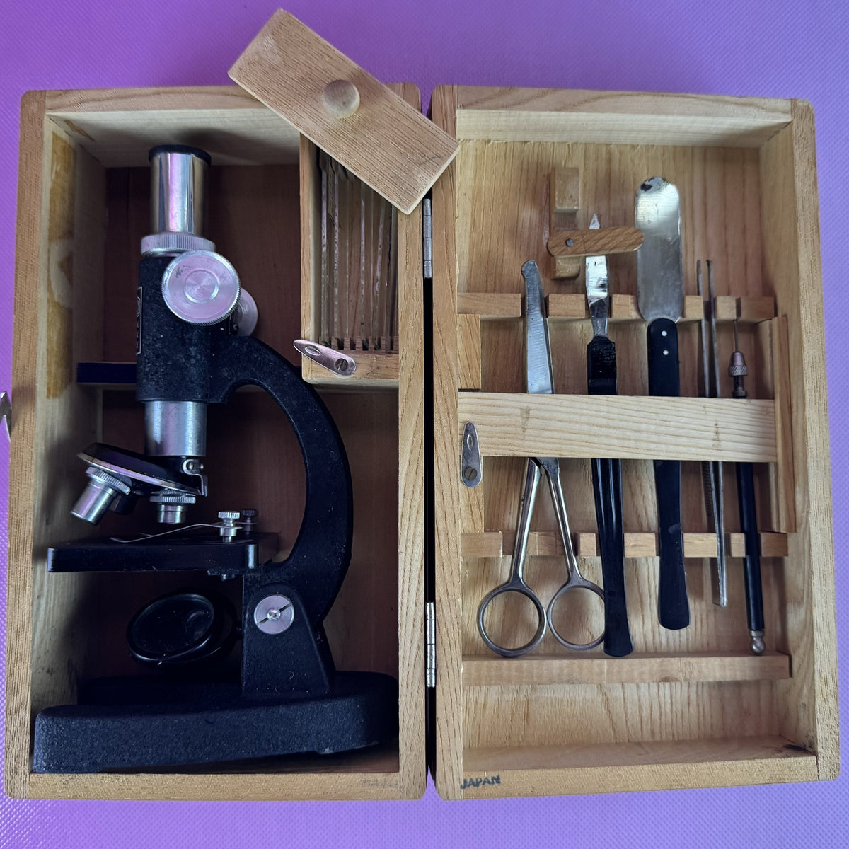 Microscope and Disecting Tools in Wooden Box