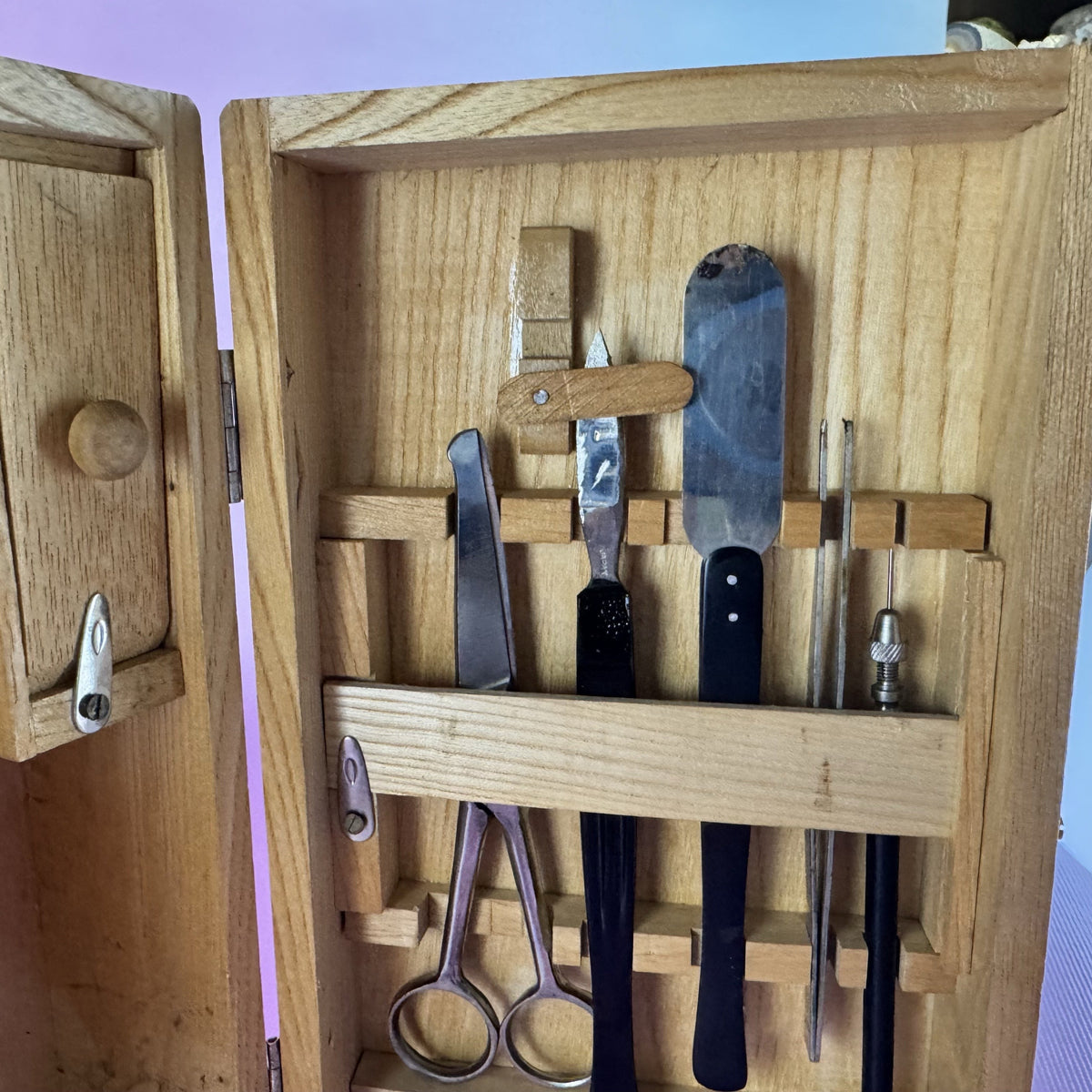 Microscope and Disecting Tools in Wooden Box