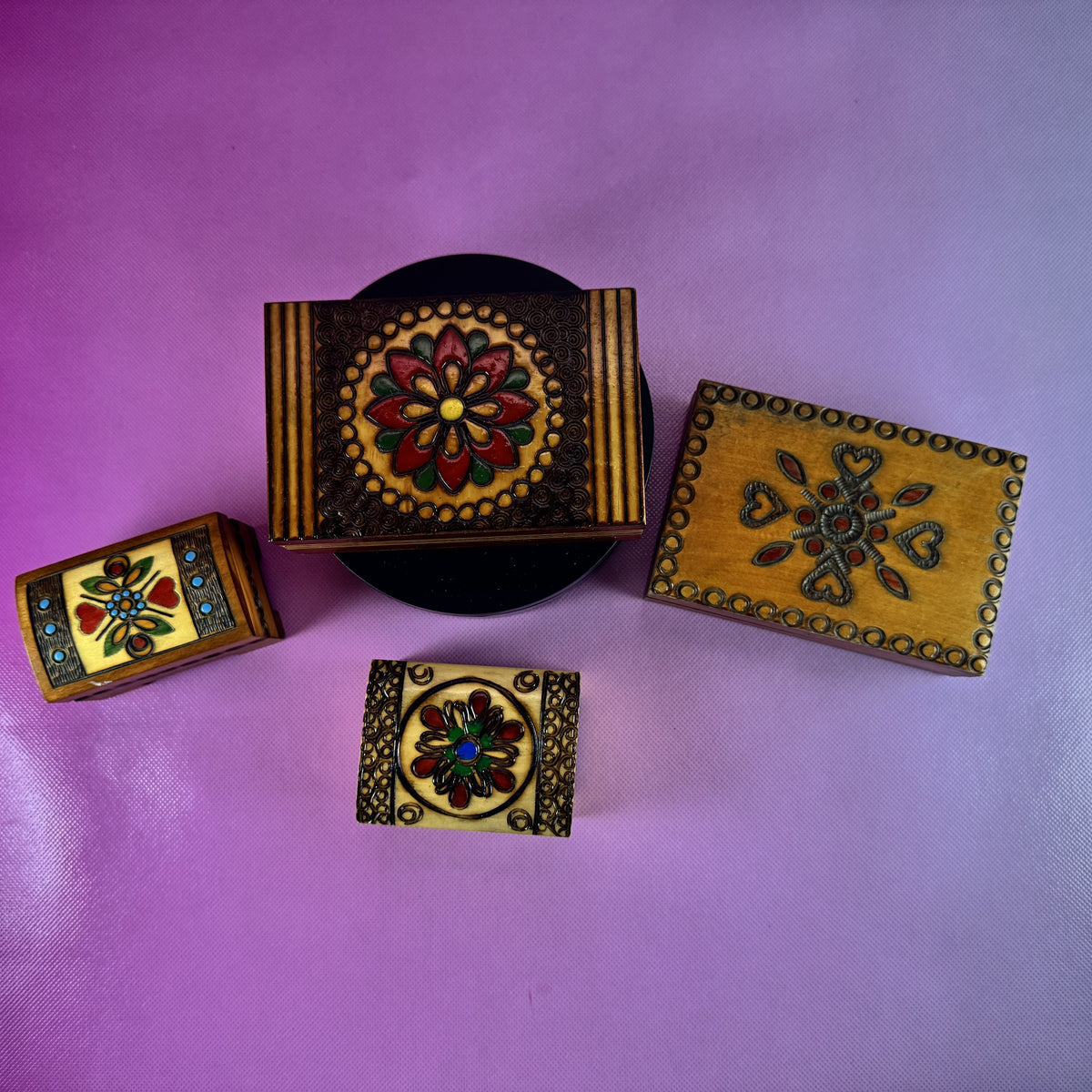 Four Polish Carved and Painted Folkart Trinket Boxes