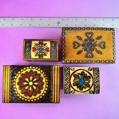 Four Polish Carved and Painted Folkart Trinket Boxes