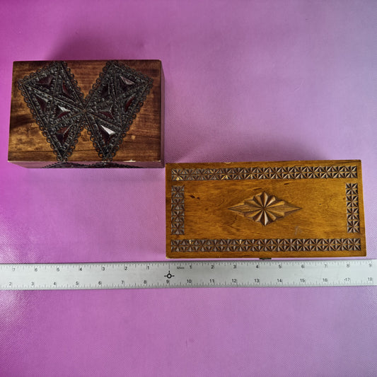 Hand-carved, Pair of Wooden Trinket Boxes