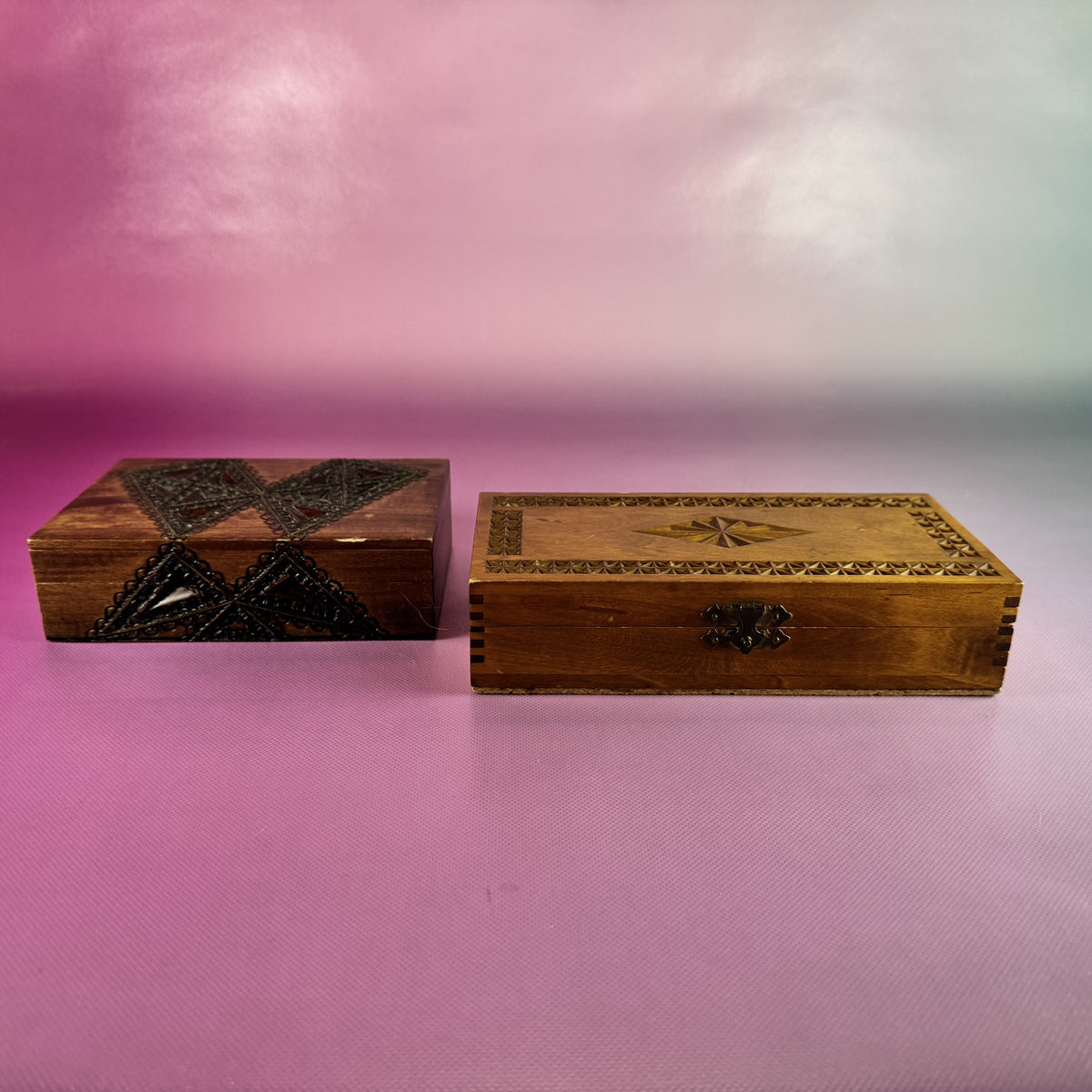 Hand-carved, Pair of Wooden Trinket Boxes