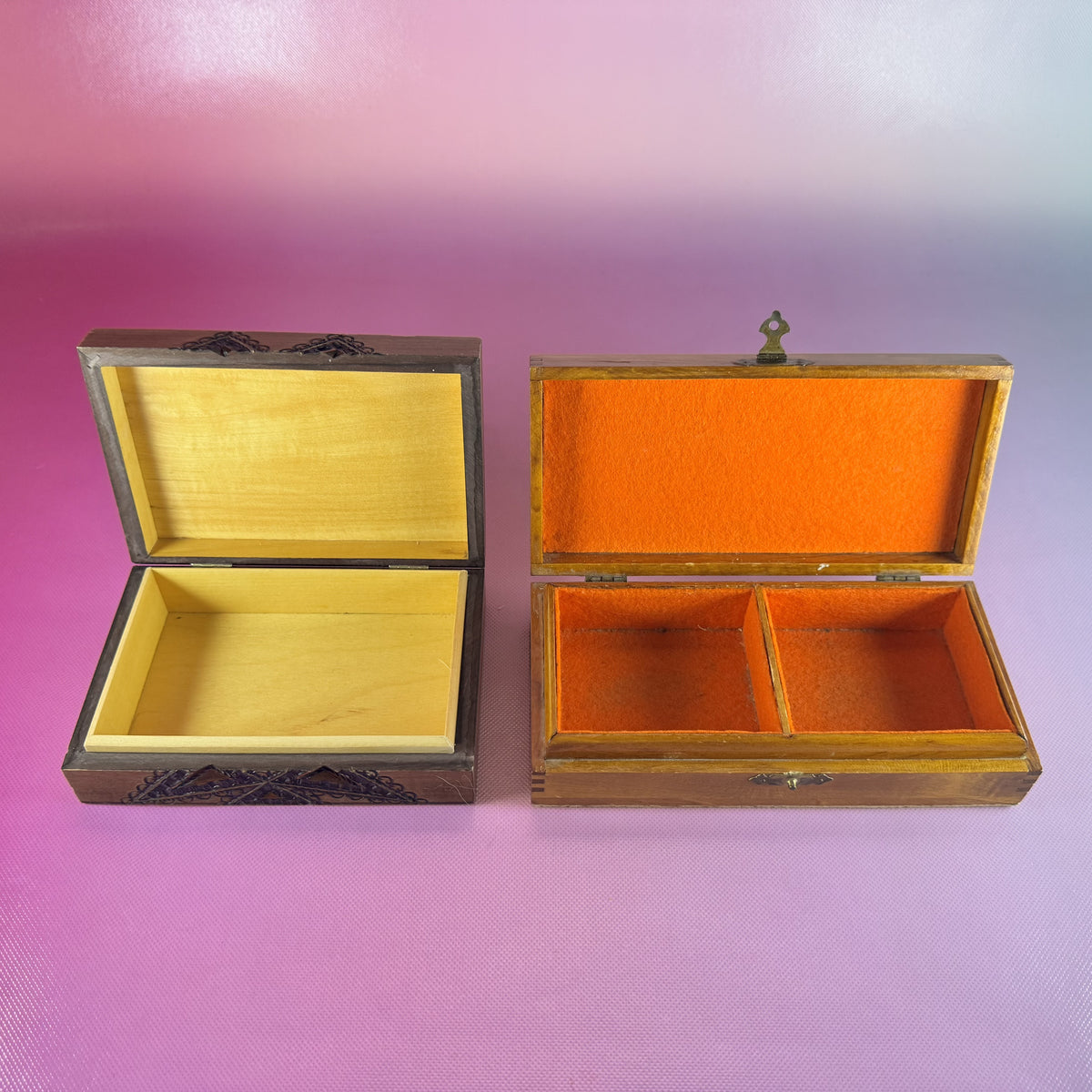Hand-carved, Pair of Wooden Trinket Boxes
